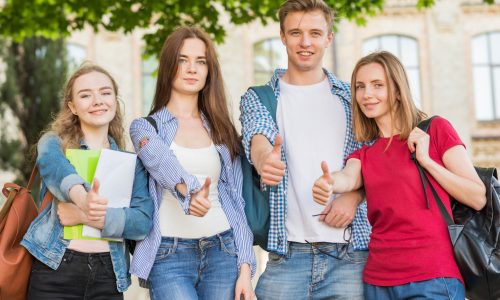 group-young-students-front-school-building